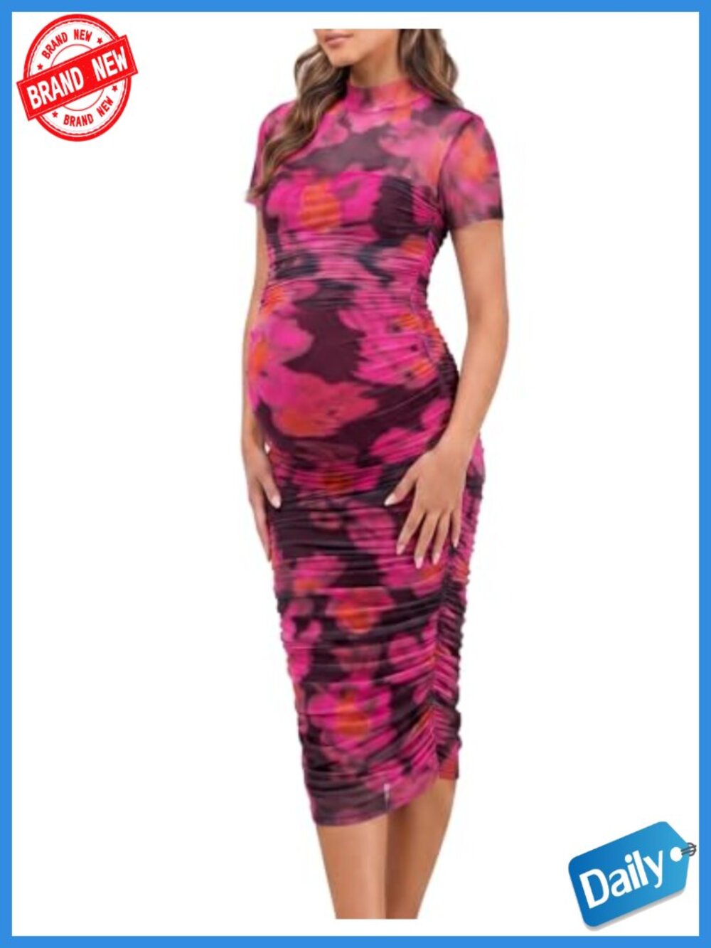 Maternity Mesh Bodycon Dress with Mock Neck and Back Zipper for Baby Shower